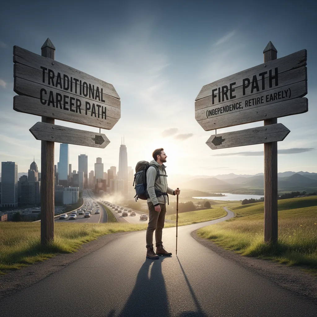 Person at a crossroads between traditional career and FIRE path