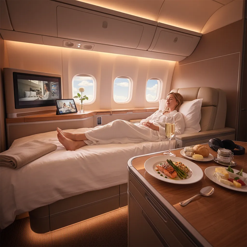 Luxurious first-class airplane seat with amenities and a person relaxing.