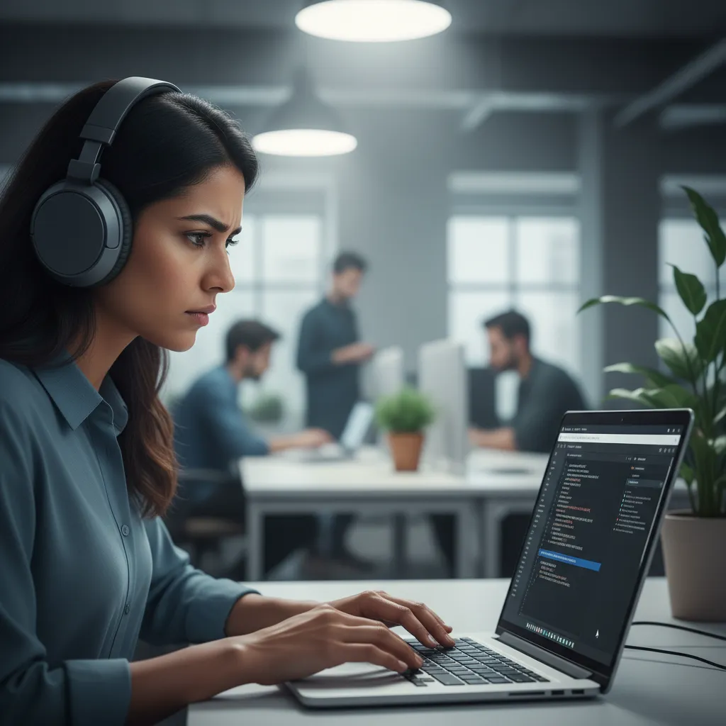 Person with headphones focused on a single task on a laptop.