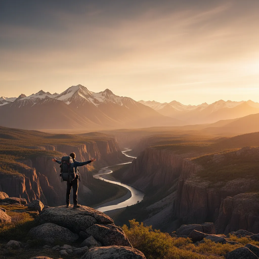 Backpacker admiring a panoramic natural landscape