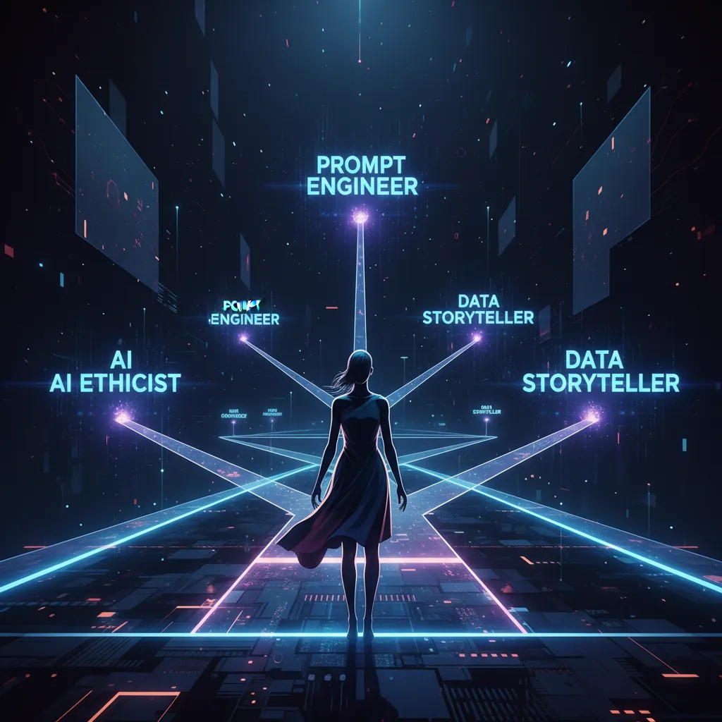 A person looks at a branching career path with glowing nodes representing new AI-driven job roles.