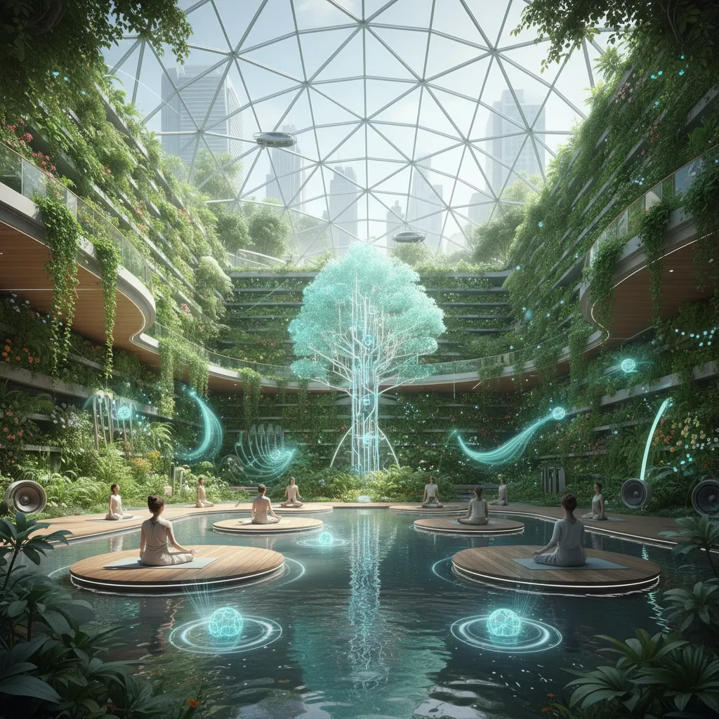 Futuristic urban garden with AI-enhanced mindfulness