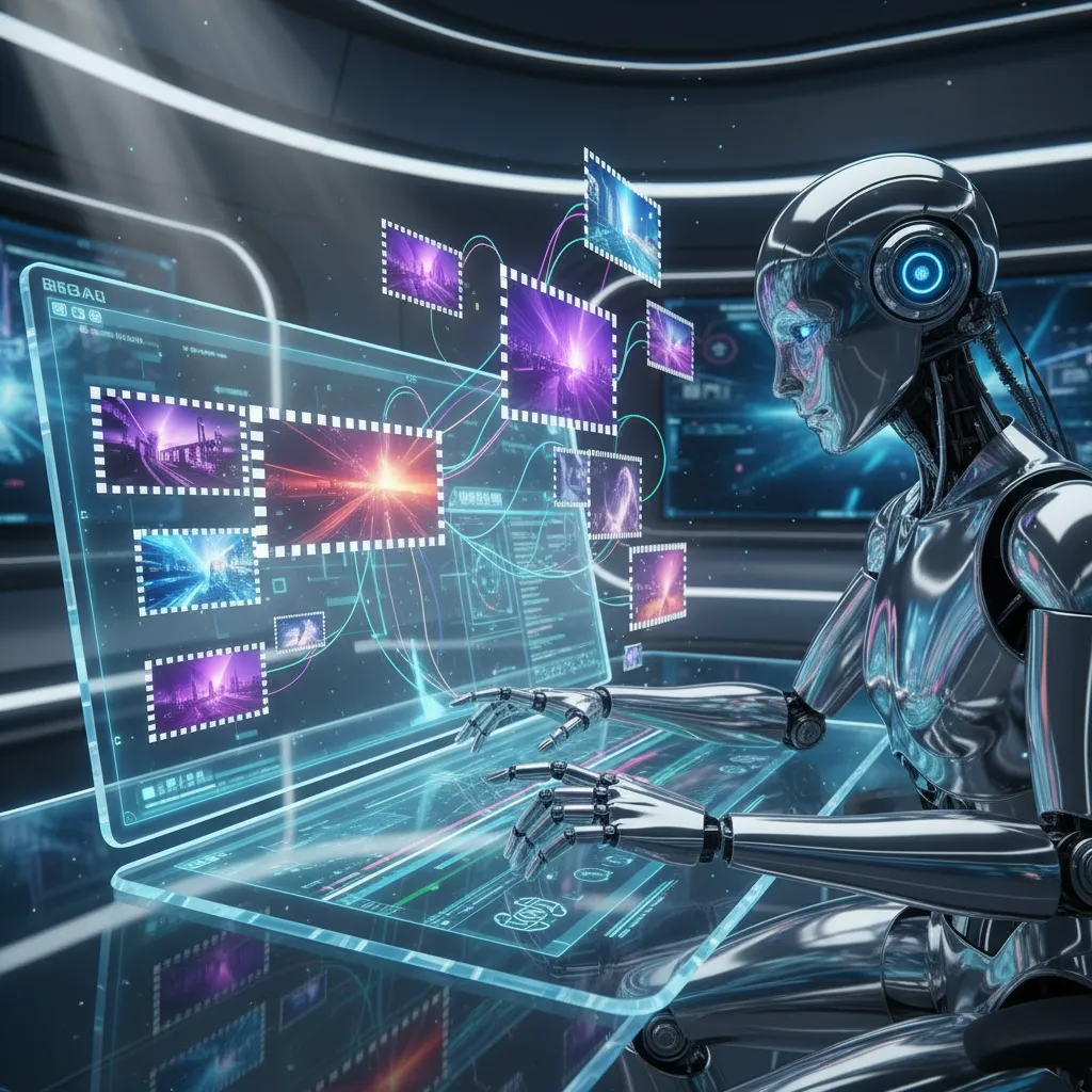 An AI robot editing a film, representing the future of AI in filmmaking.