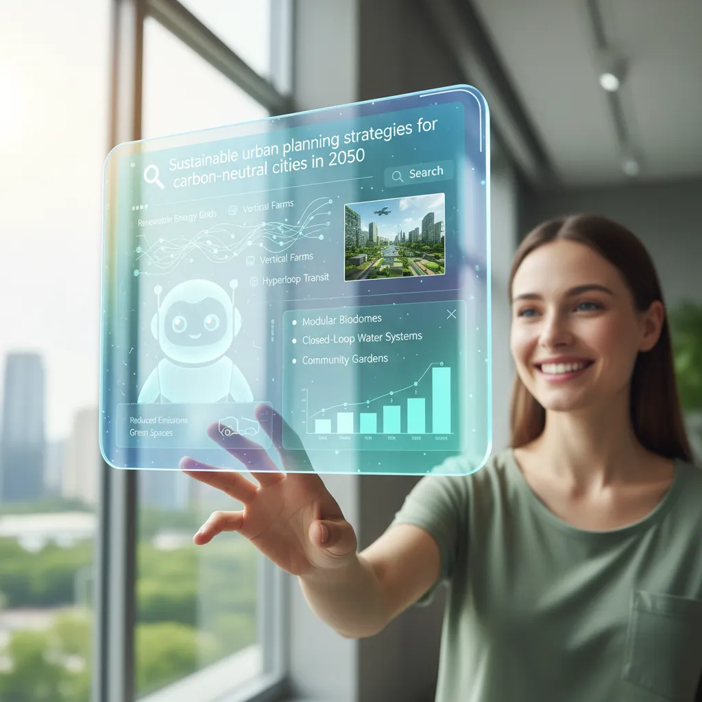 A person interacting with a futuristic, helpful AI search interface on a transparent screen.