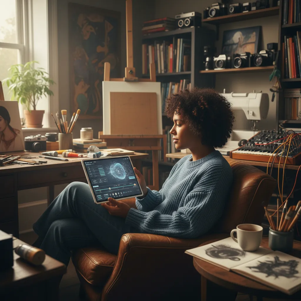 An independent filmmaker using a tablet to generate video clips with AI.