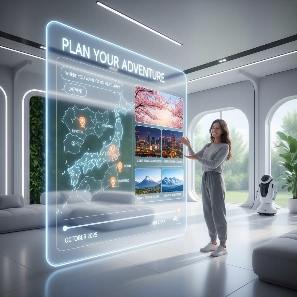 A person using a futuristic conversational AI search interface on a transparent screen.