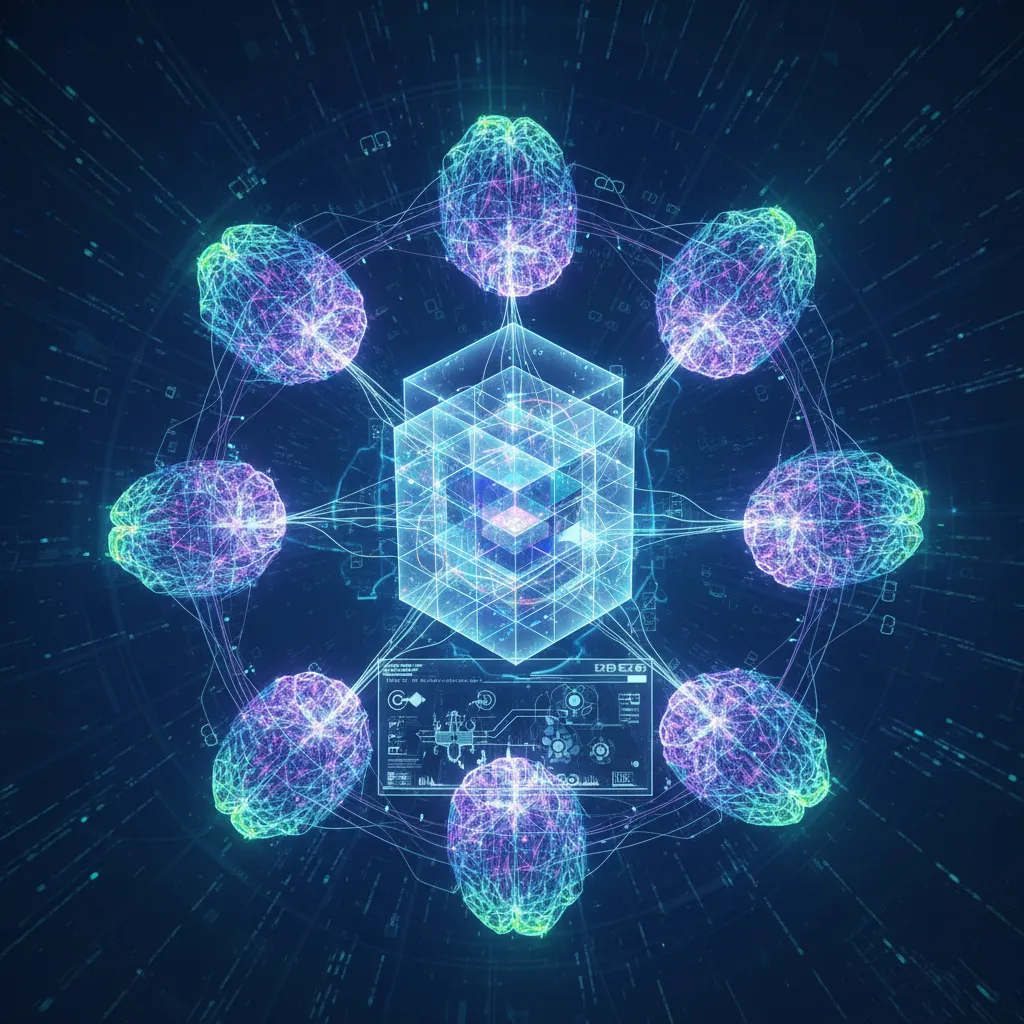 Several glowing digital brain illustrations connected by lines of light, symbolizing a multi-agent system collaborating.