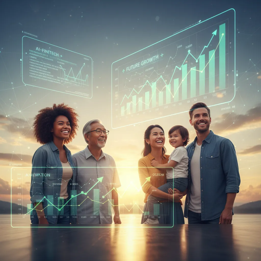 A diverse group of people looking confidently towards their future, with stock market graphs and growth charts behind them.