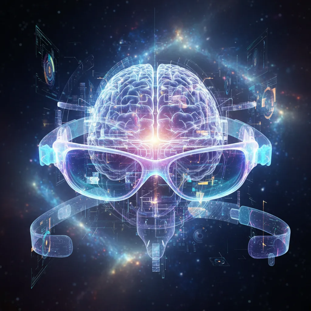 Conceptual image of future AI hardware including smart glasses and brain-computer interfaces, symbolizing the next wave of innovation.