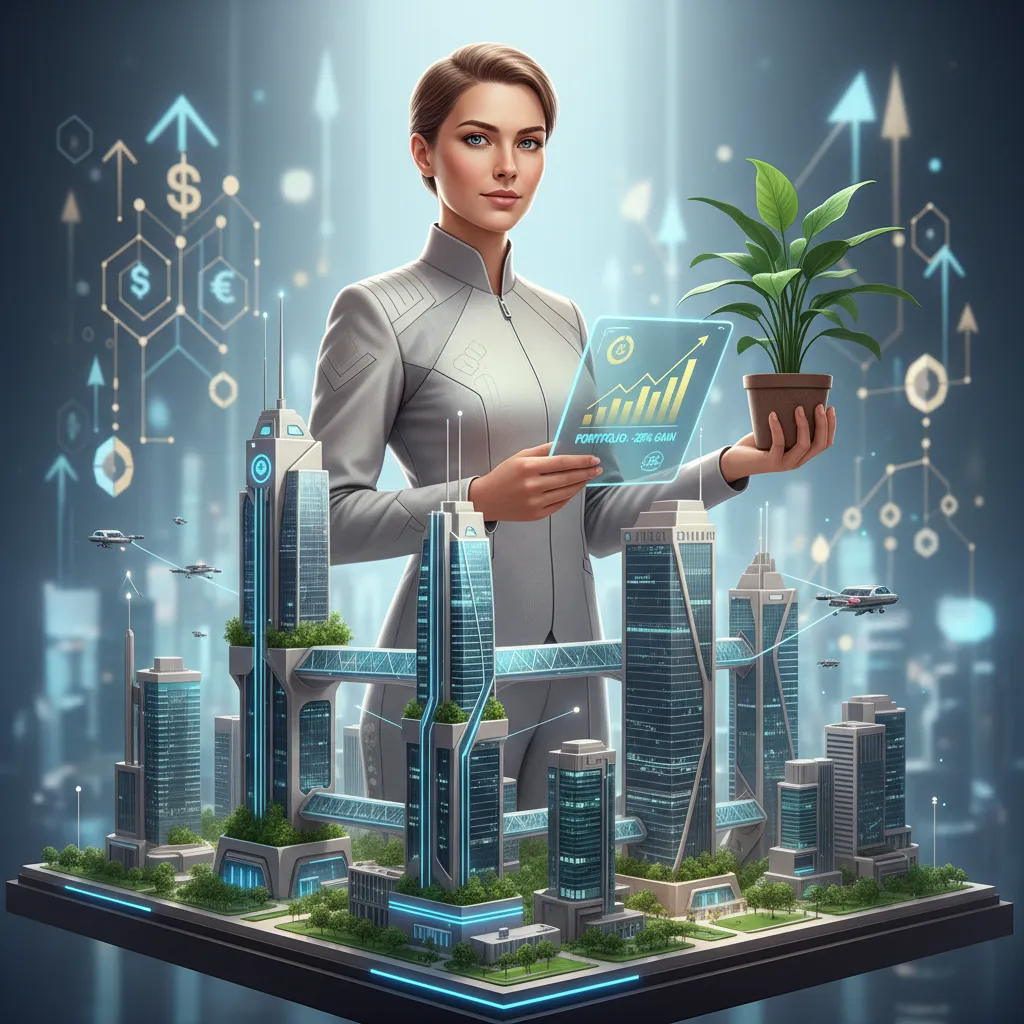 Person holding a plant and tablet, envisioning a sustainable future city.