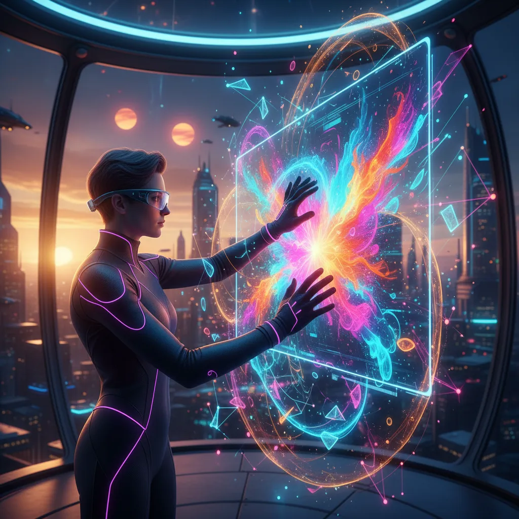 A vivid, cinematic hero image representing the blog topic: a stylized figure interacting with glowing, abstract digital art, symbolizing AI-enhanced creativity.