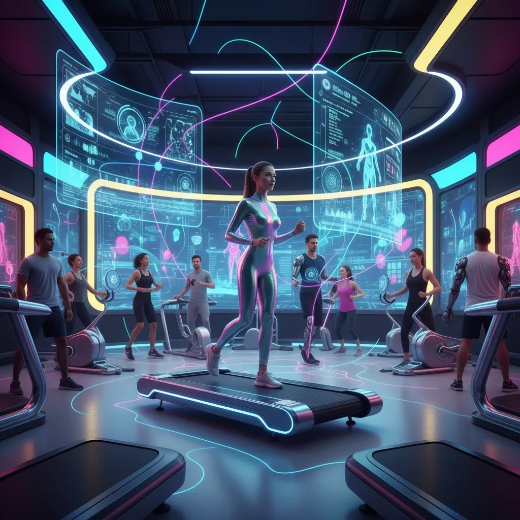 A futuristic gym setting with AI interfaces and personalized workout displays