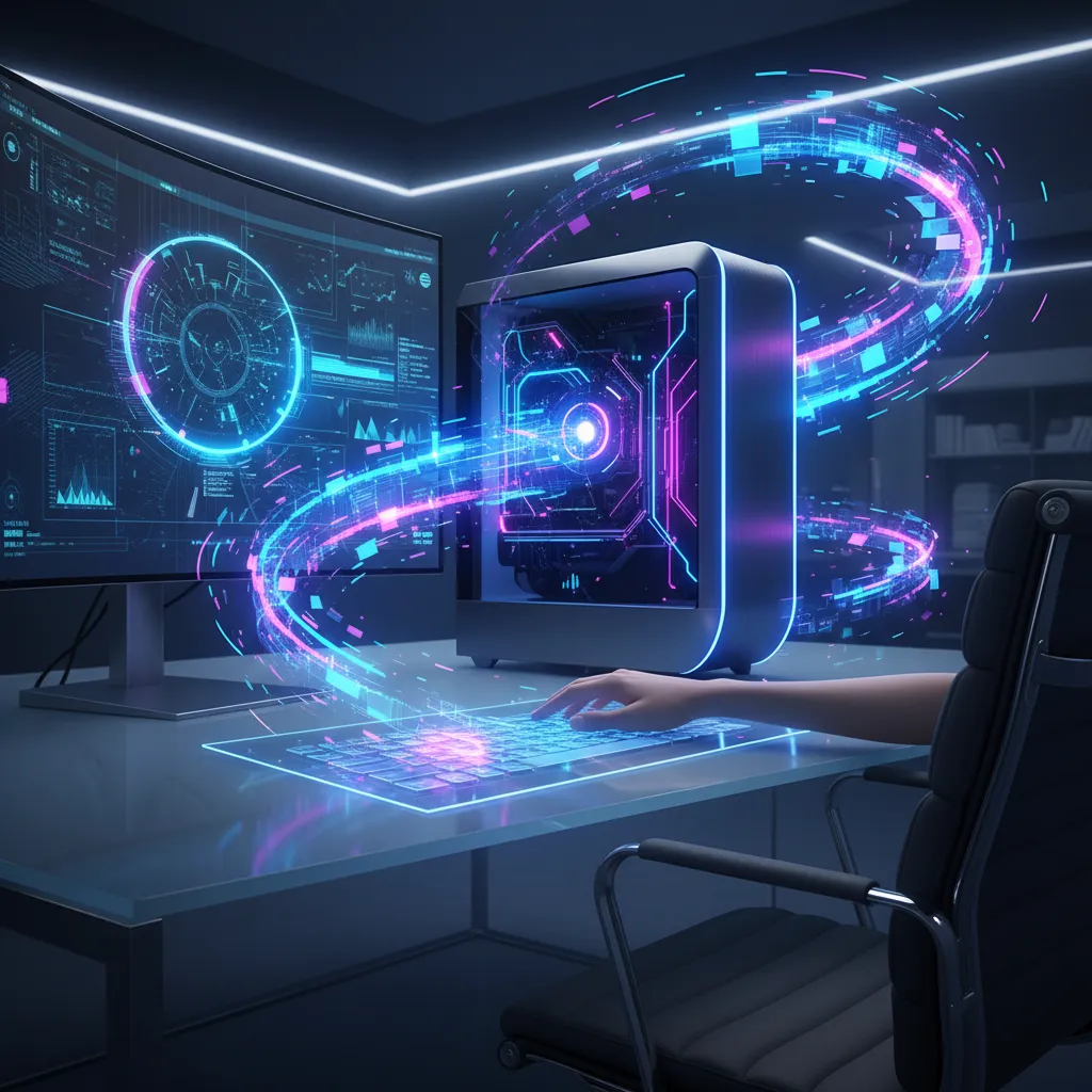 A vivid, cinematic hero image showing a futuristic laptop with glowing neural network patterns, symbolizing the power of AI PCs.