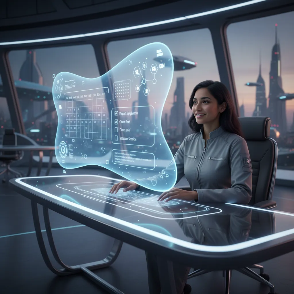 A vivid, cinematic hero image representing a futuristic AI personal assistant at a desk, optimizing tasks with glowing interfaces and a focused user.
