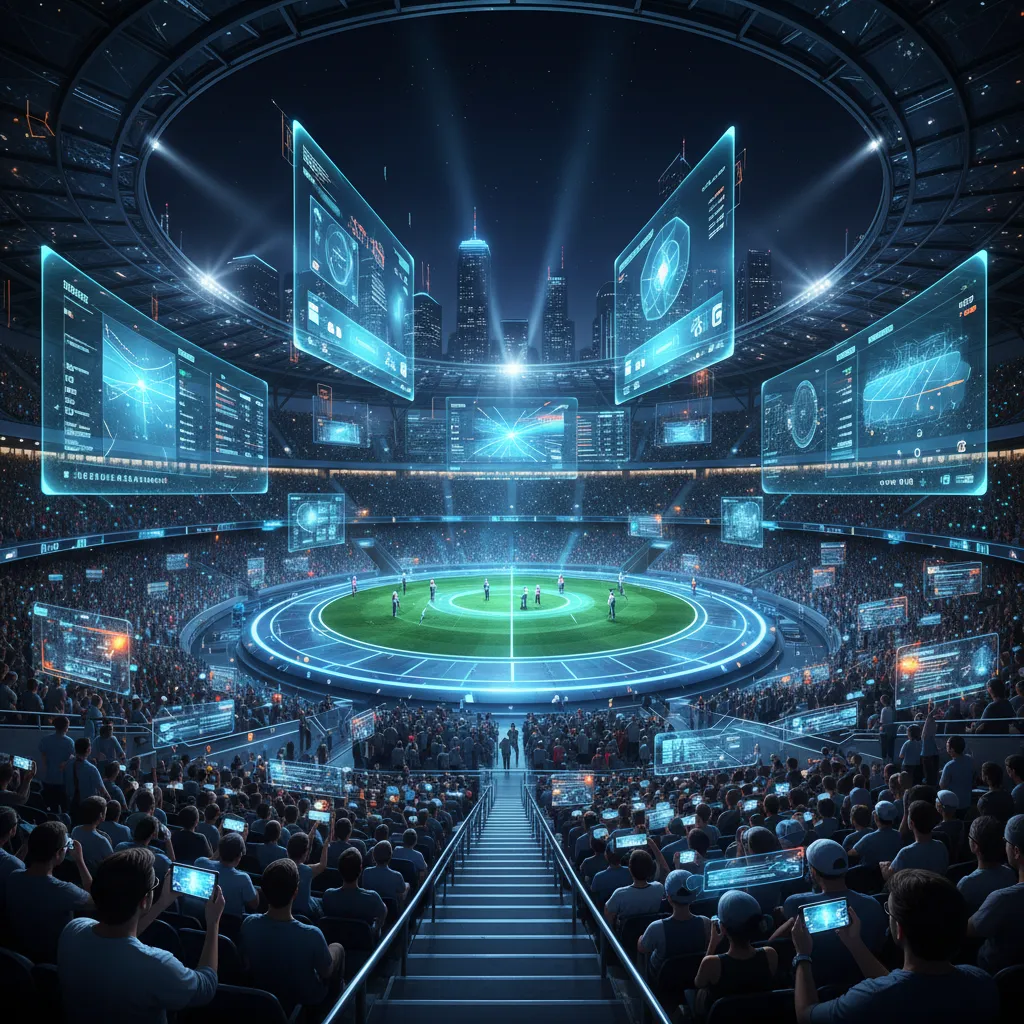 Futuristic sports stadium with holographic projections and fans using AR devices