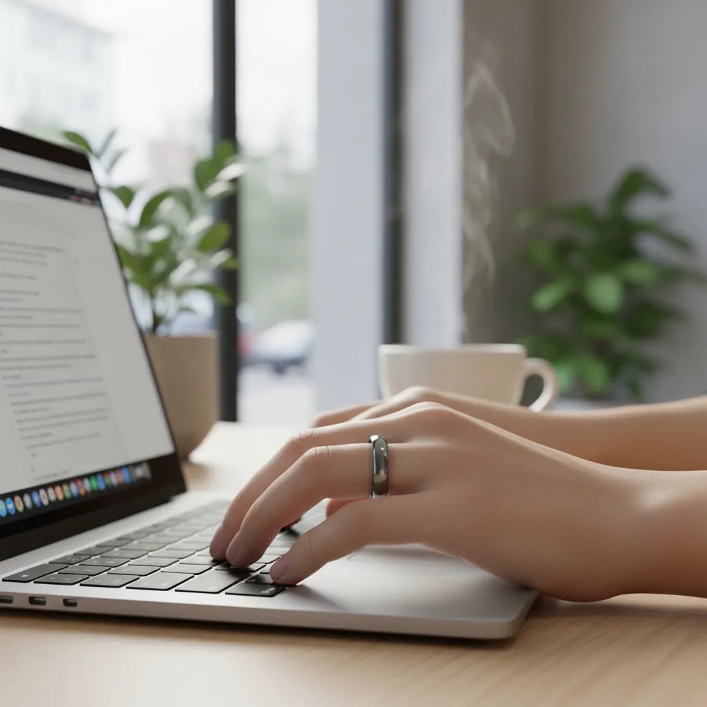 Lifestyle photo of a person wearing the Samsung Galaxy Ring while typing on a laptop.