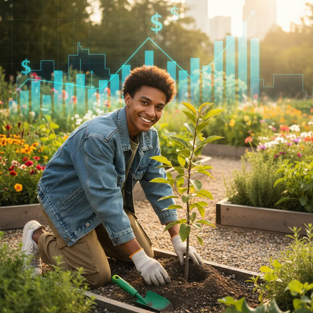 Young person planting a tree in a community garden, financial graphs blurred in background.