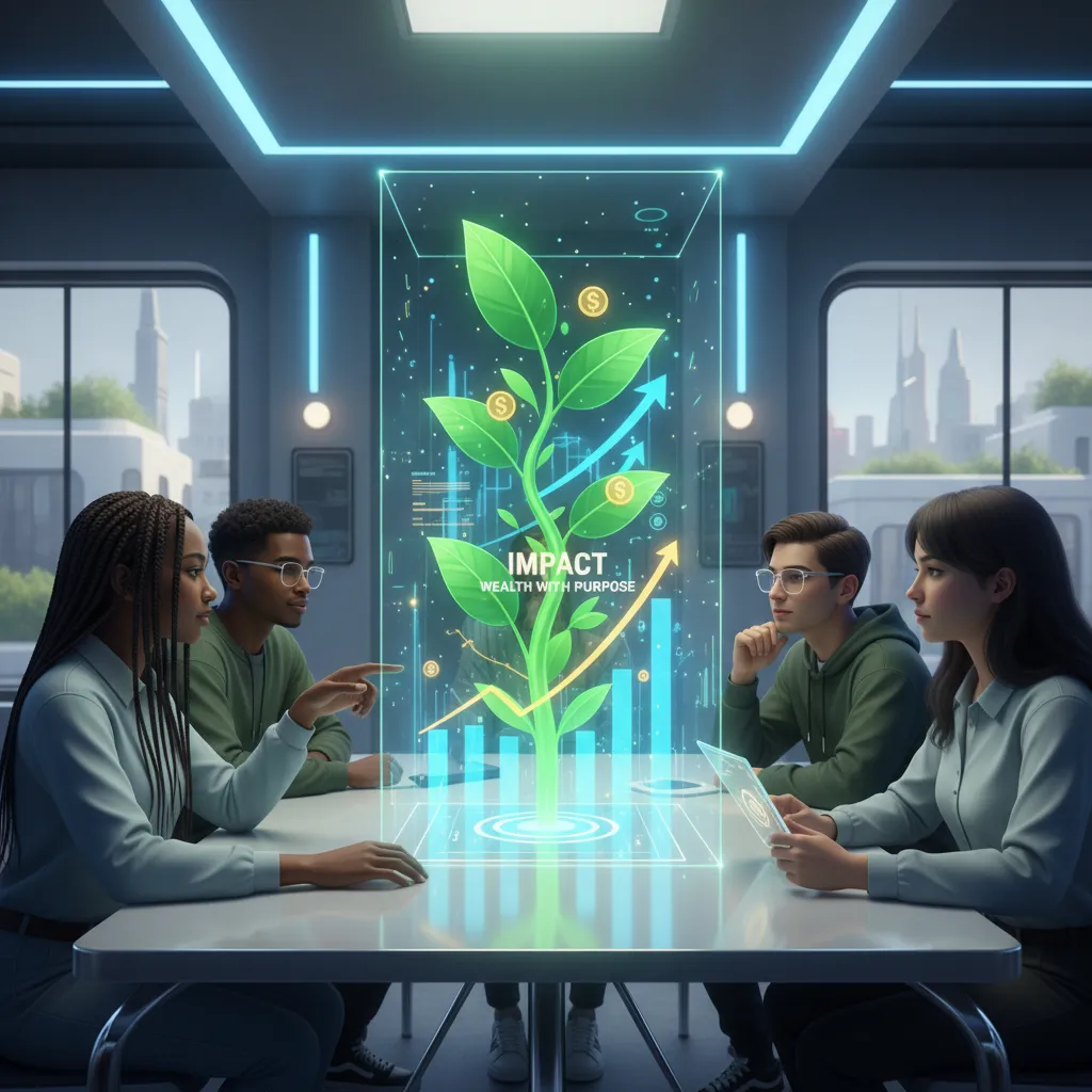 A vivid, cinematic hero image representing Gen Z impact investing, with glowing financial charts intertwined with images of a sustainable world.
