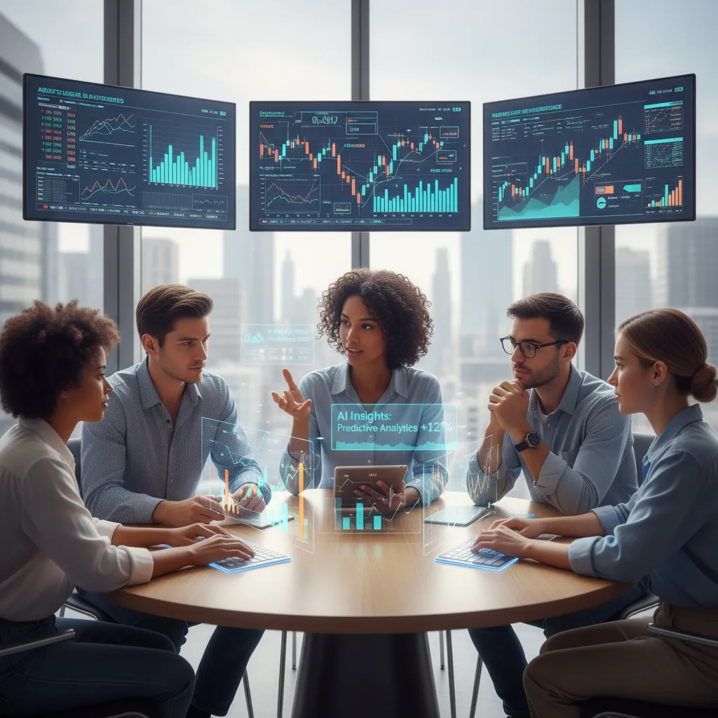 Young adults discussing investments with AI data visualizations