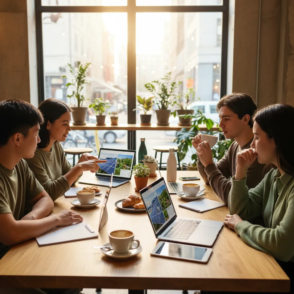 Diverse group of Gen Z friends discussing investments in a modern cafe.