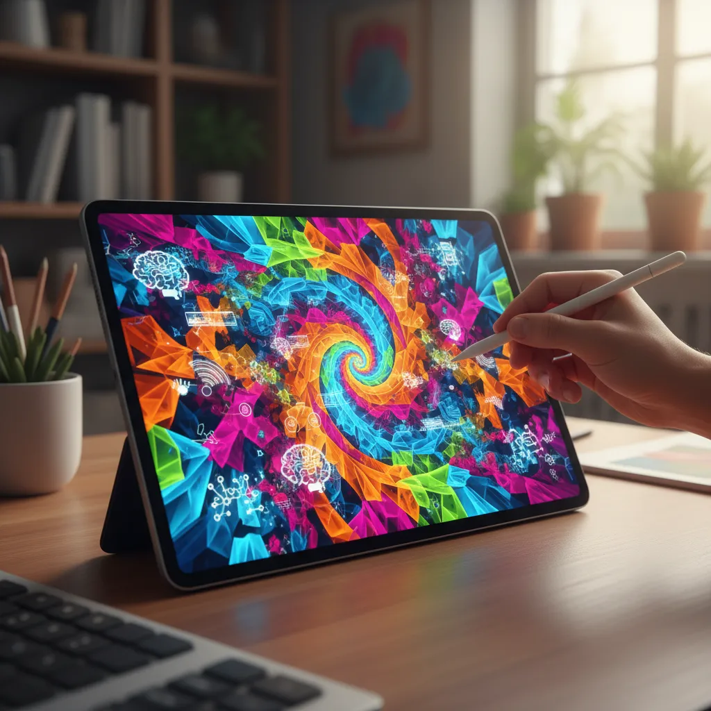 Abstract digital art created by AI on a tablet
