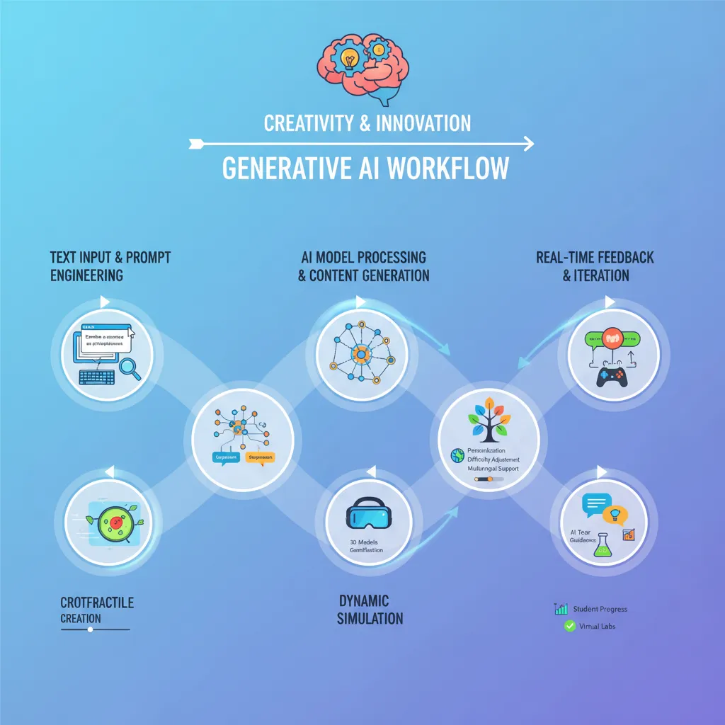 Infographic showing generative AI workflow for creating dynamic educational content.