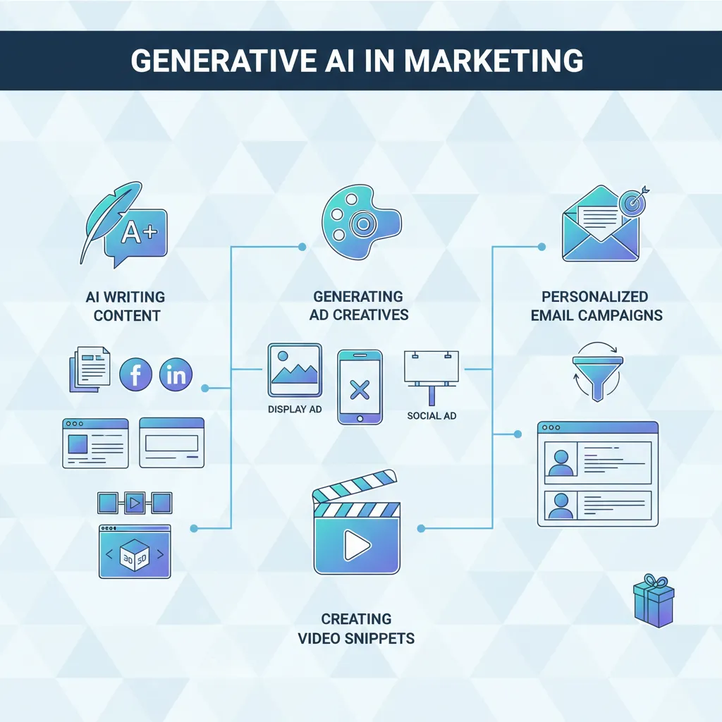 An infographic illustrating various generative AI applications in marketing, including AI for content writing, ad creative generation, video creation, and personalized email campaigns, with distinct icons for each.