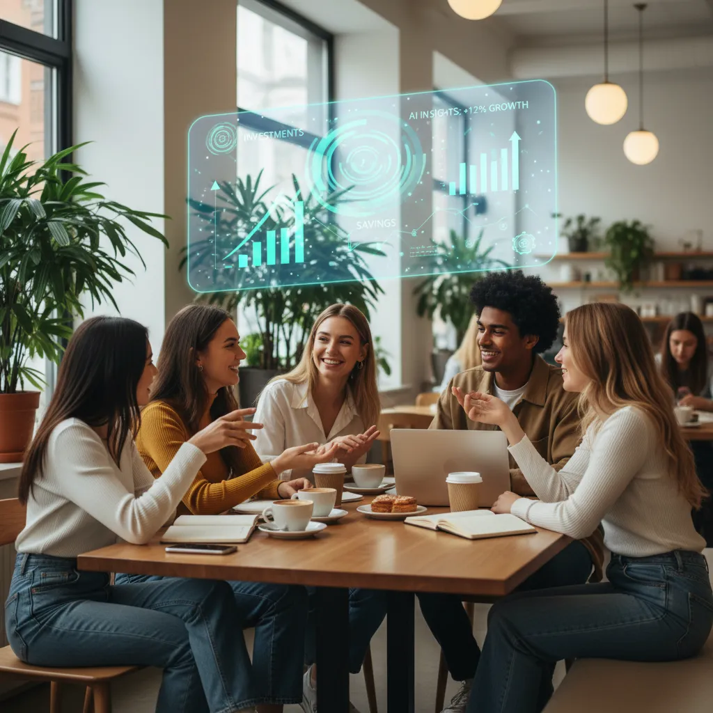Diverse Gen Z friends discussing finances with AI projections in a cafe