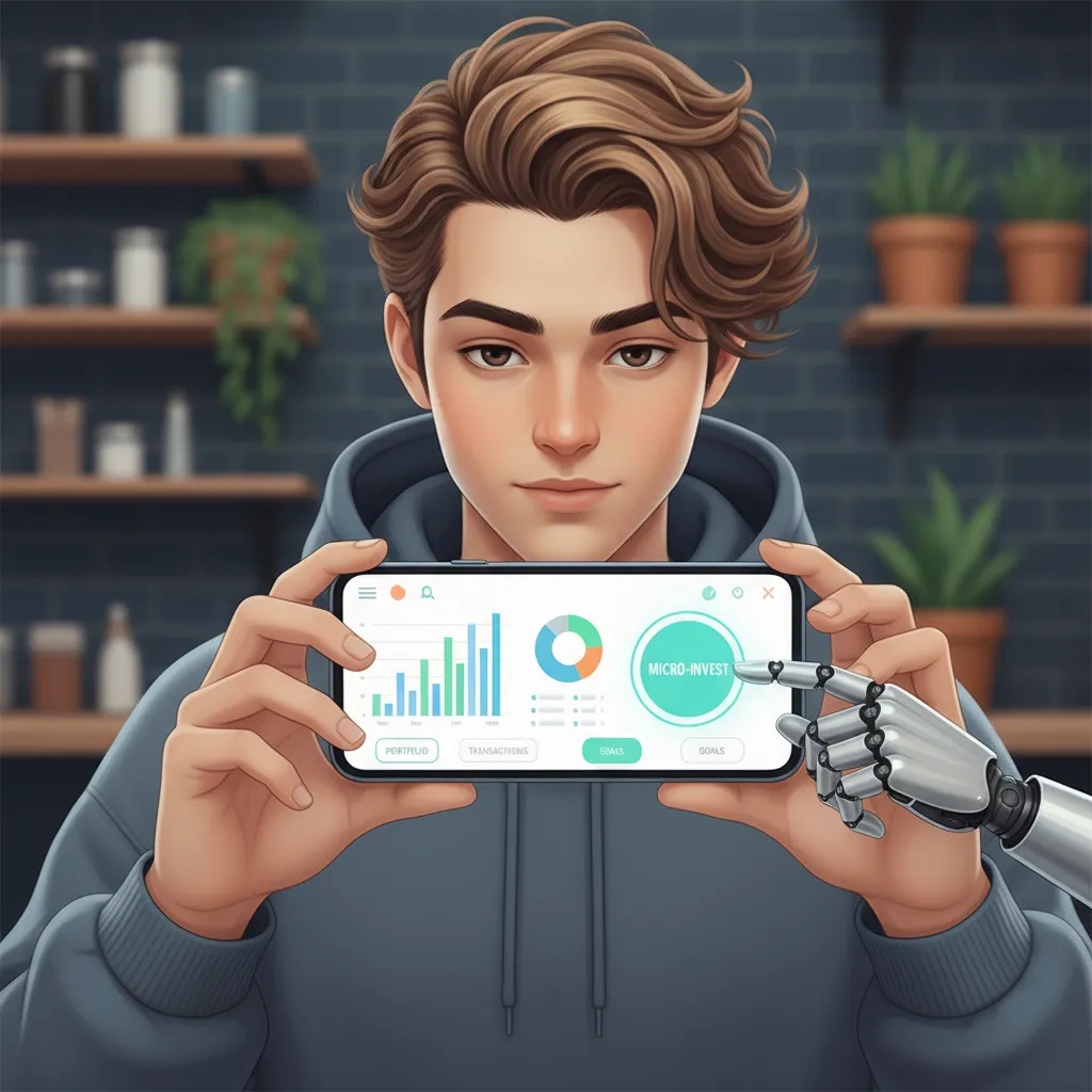 Gen Z user interacting with a mobile micro-investing app powered by AI