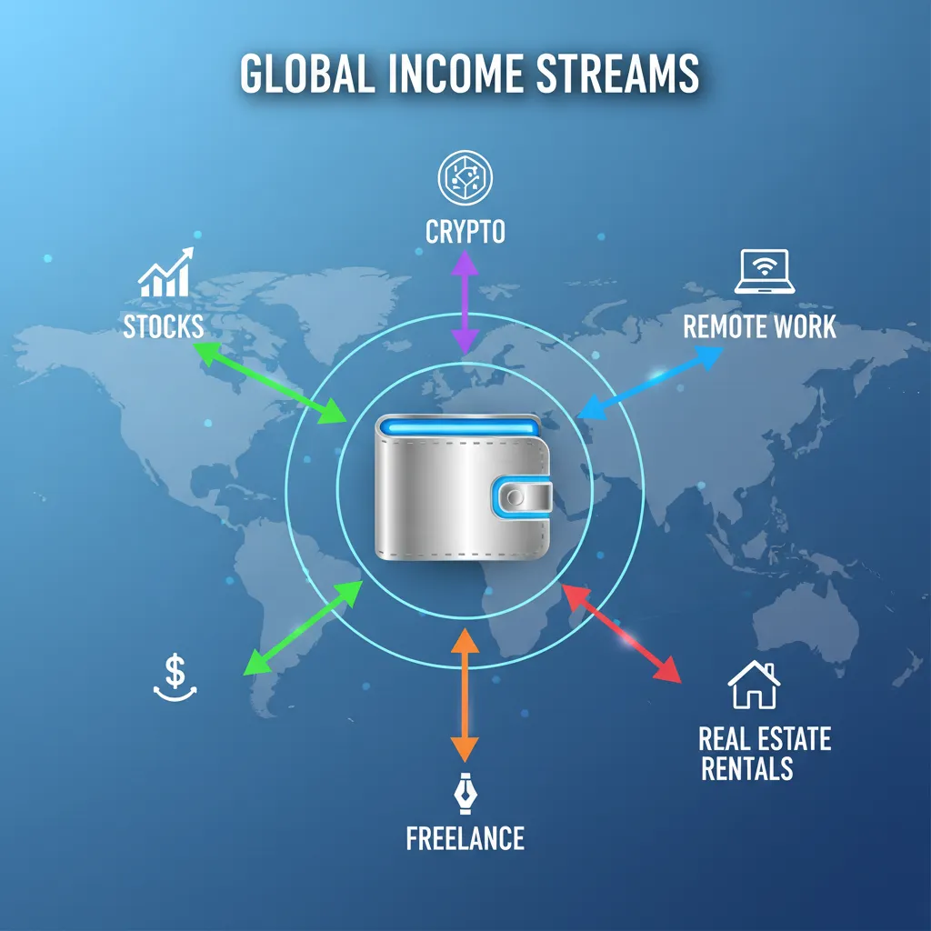 Infographic showing global income streams and digital wallet