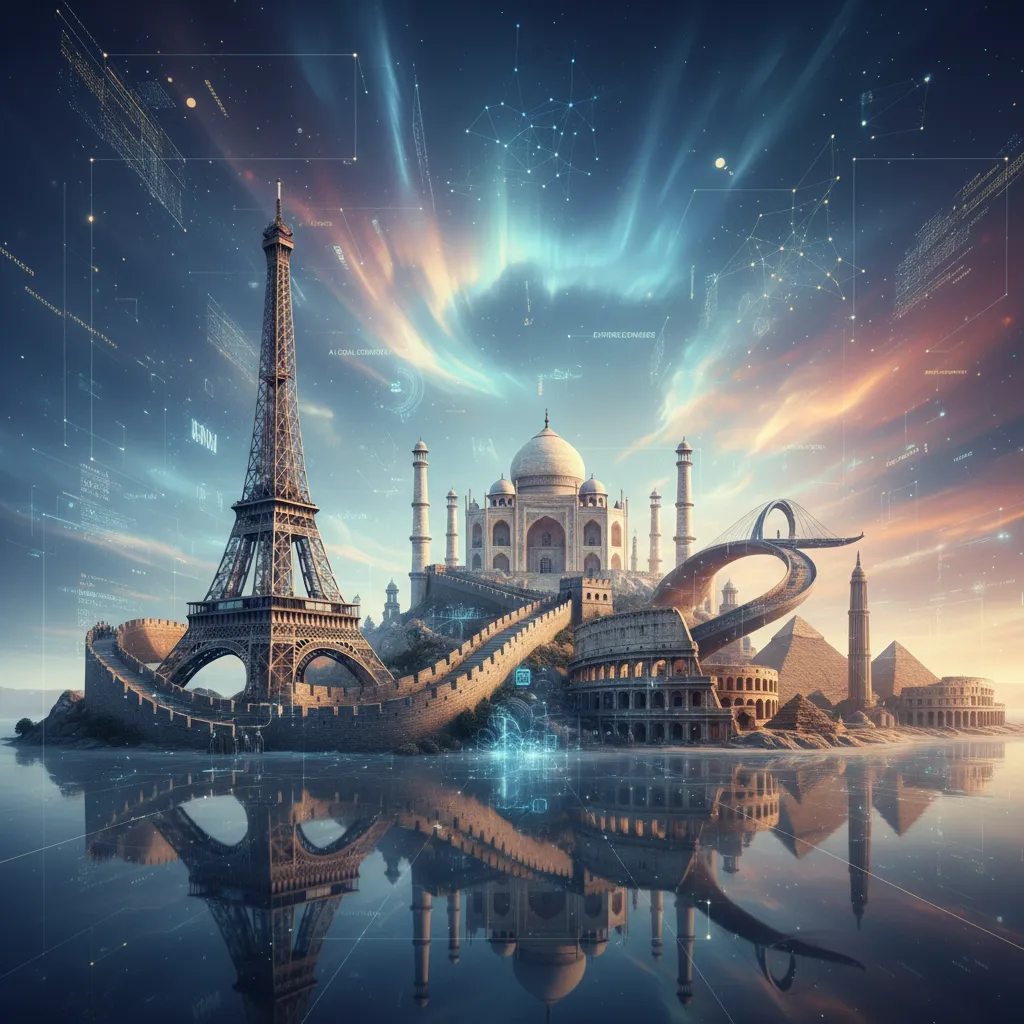 Digital collage of global landmarks curated by AI