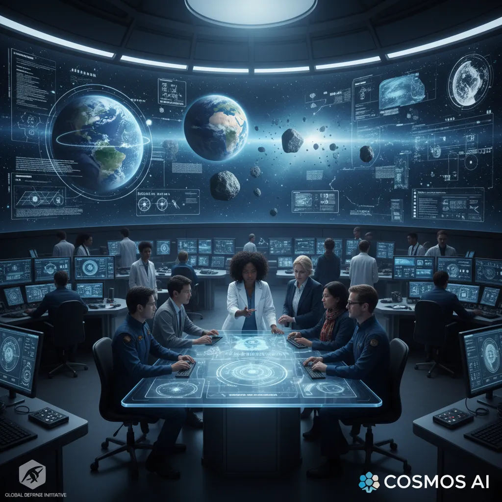Global team collaborating on space defense