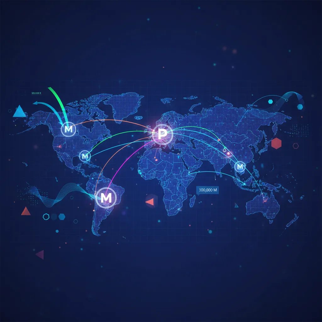 World map with highlighted travel routes and digital points and miles elements.