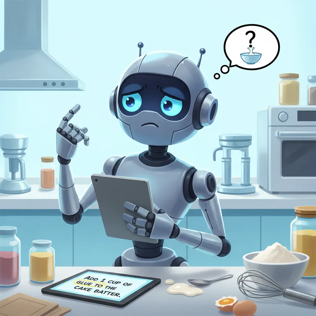A conceptual image of a robot looking confused at incorrect information, representing AI errors.