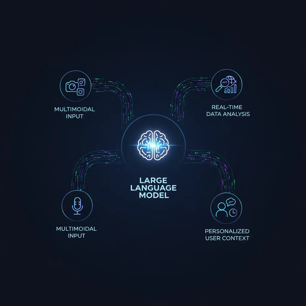 Infographic showing the core components of Google's new AI search engine, like LLMs and multimodal search.