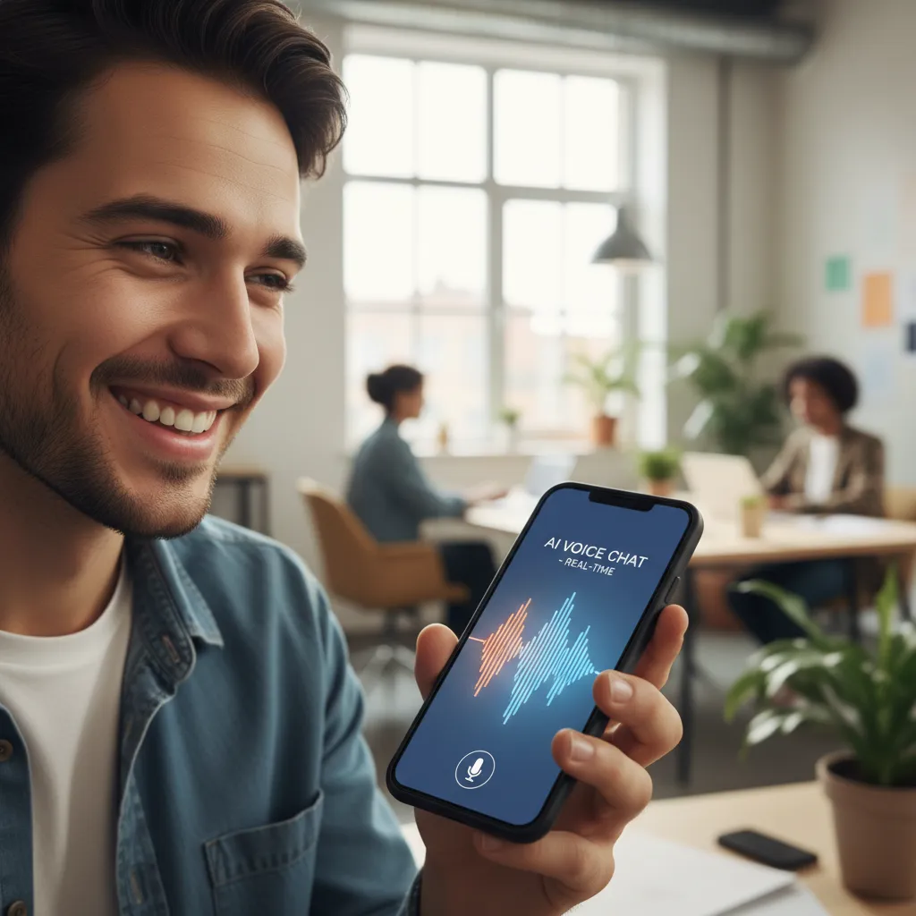 A person having a seamless, real-time voice conversation with the GPT-4o AI on their smartphone in a modern cafe.