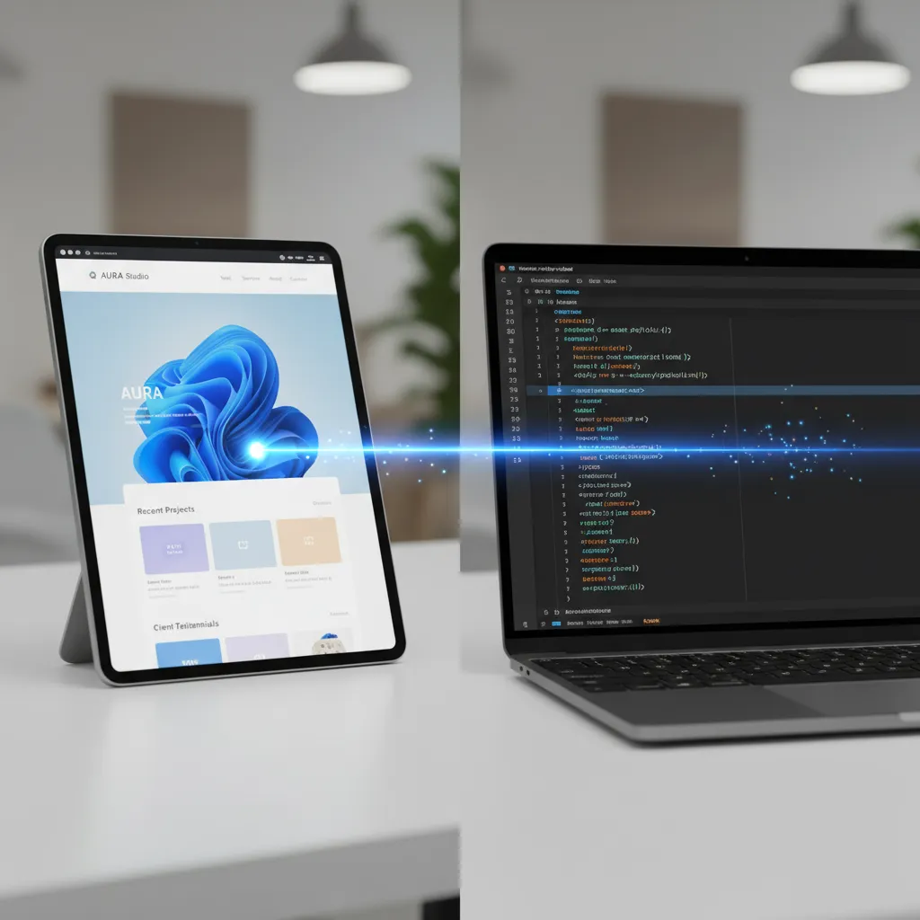 A side-by-side comparison of a website mockup on a tablet and the code generated by GPT-4o on a laptop.