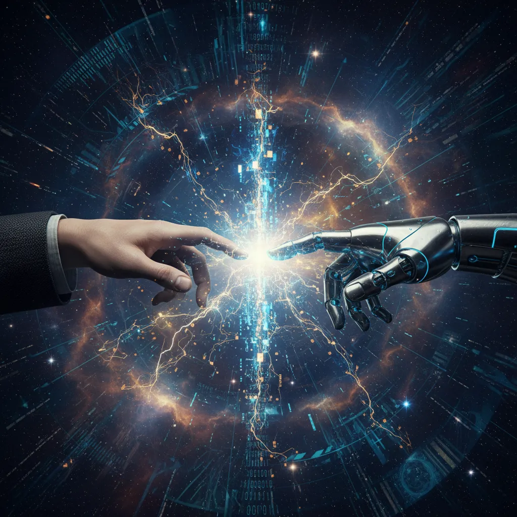 Symbolic image of a robot and human hand nearly touching, representing the potential for GPT-5 to achieve Artificial General Intelligence (AGI).