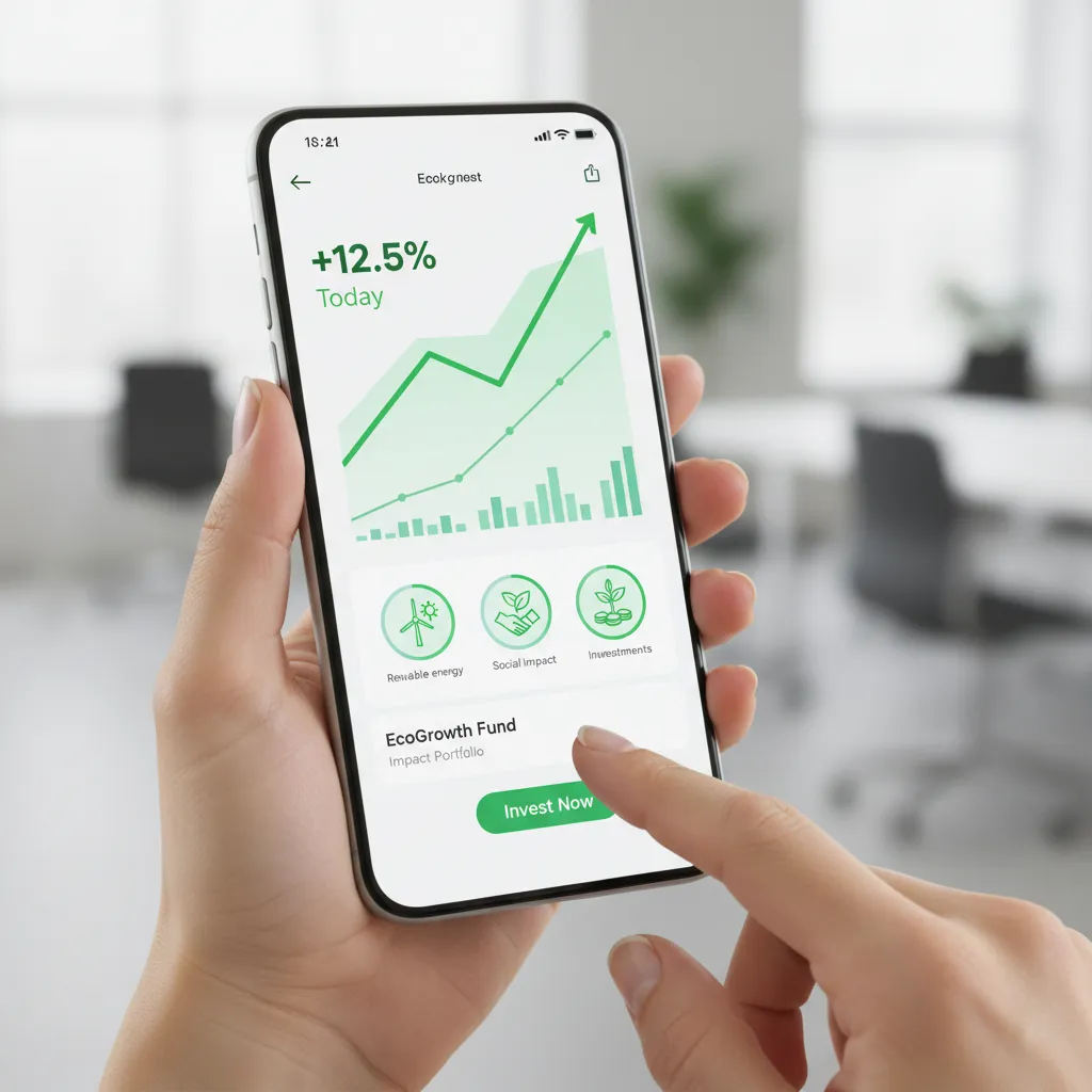 Hands interacting with a sustainable finance app on a smartphone.