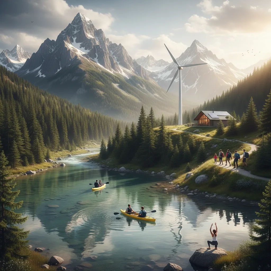 A vibrant, panoramic shot of a traveler admiring a pristine natural landscape, embodying sustainable and eco-friendly adventure.