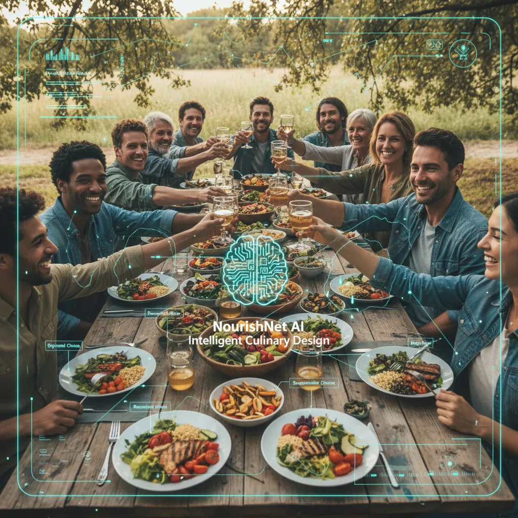 Diverse group enjoying AI-optimized healthy meal