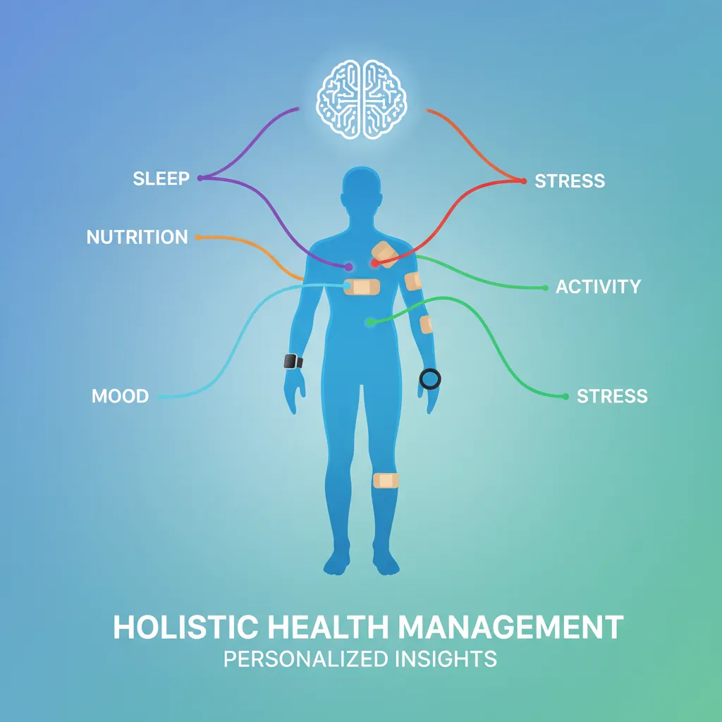 Infographic of human silhouette with interconnected wearable devices and AI data streams