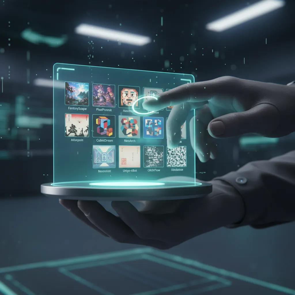 Hand interacting with holographic AI art styles