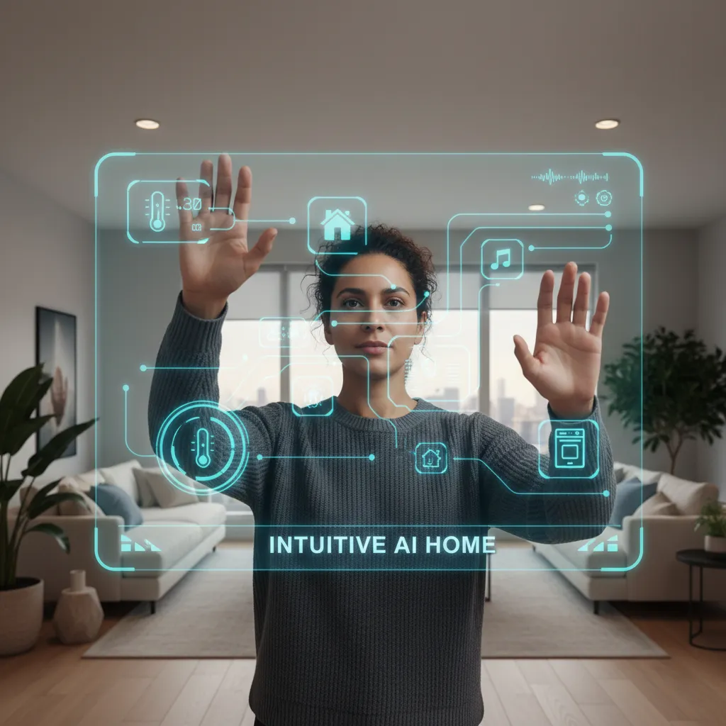 Person interacting with holographic AI home control