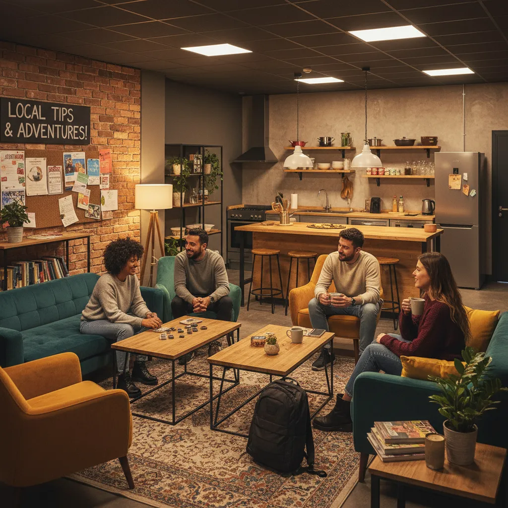 Diverse travelers socializing in a modern hostel common area