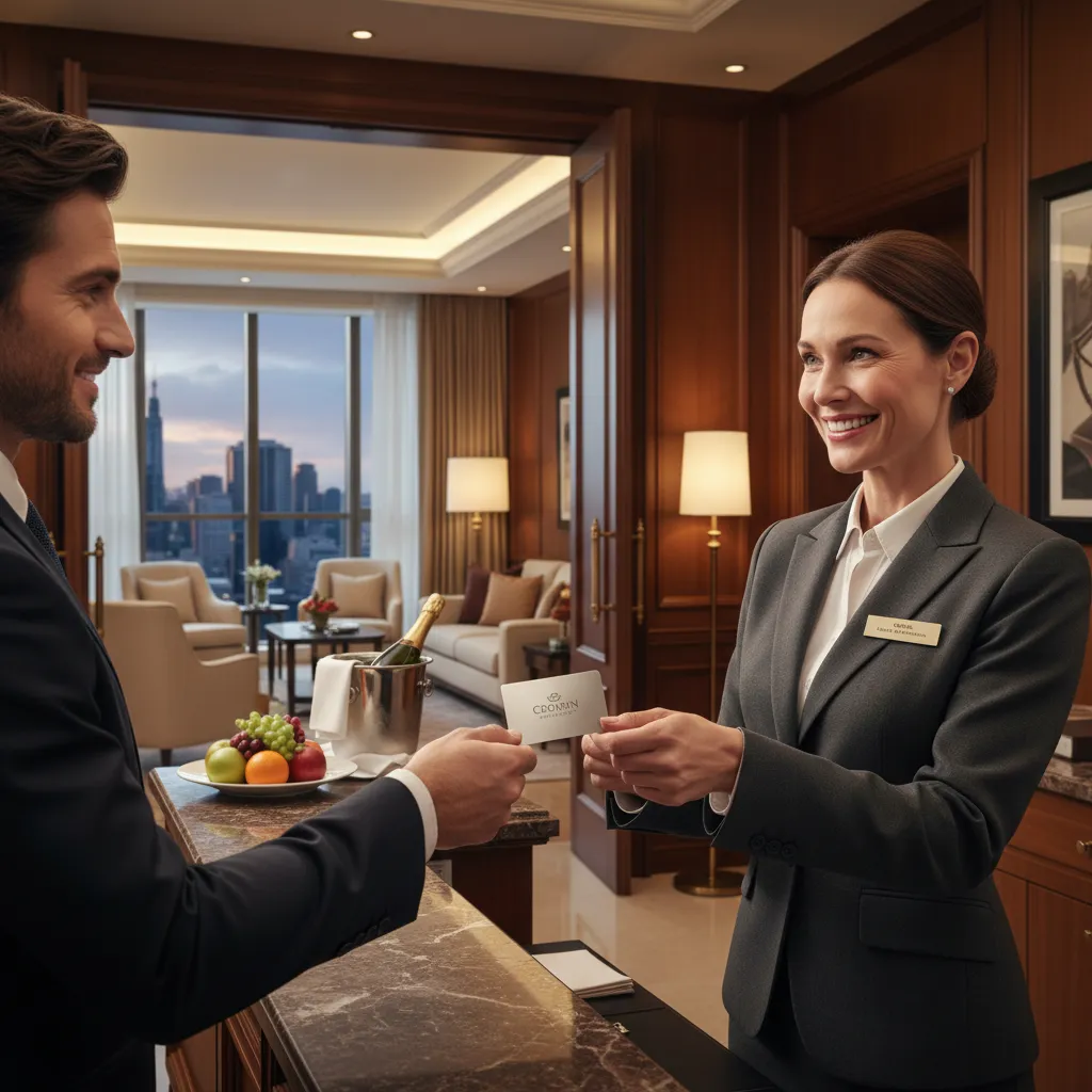 Person checking into a luxury hotel suite with a smiling concierge.