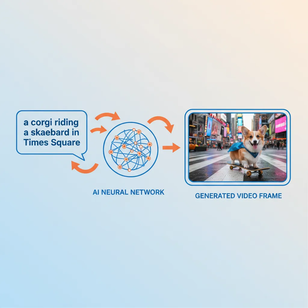 Infographic explaining the text-to-video AI process from text prompt to final video output.