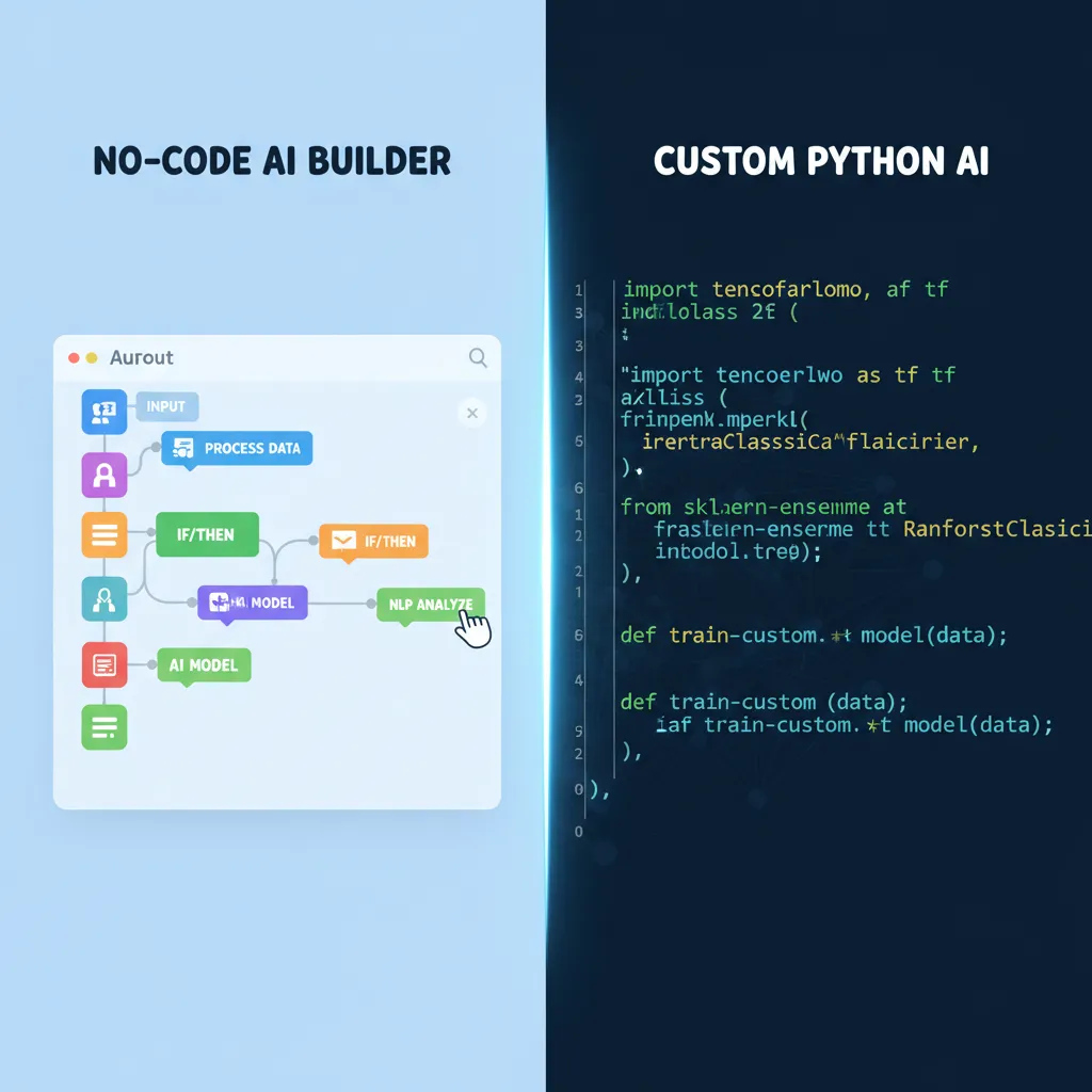 A split-screen image showing no-code UI on one side and lines of Python code on the other, representing building an AI agent.