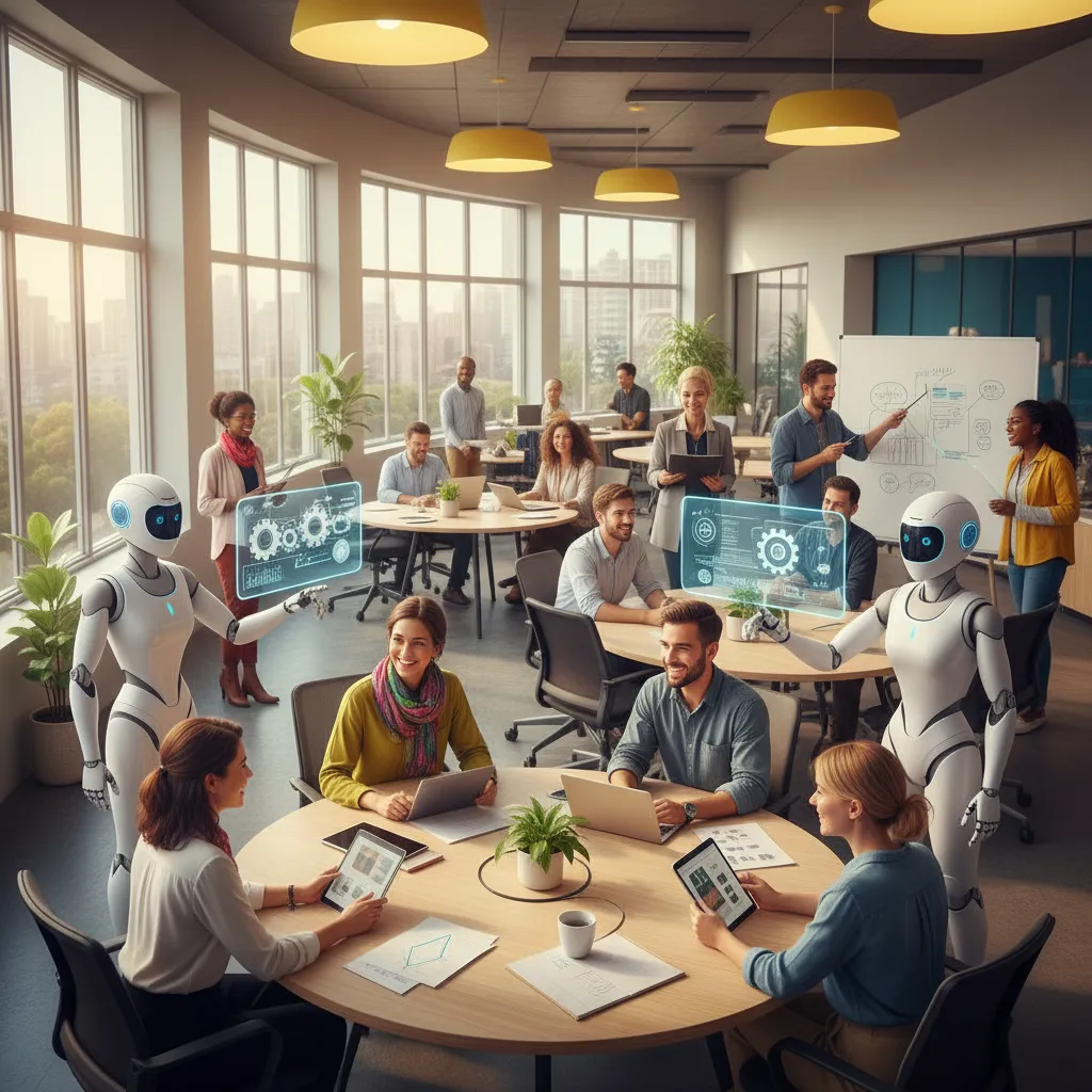 A diverse group of professionals collaborating with AI robots in a modern office.