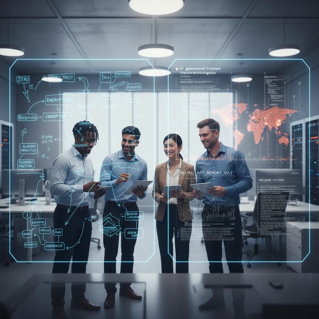 Cybersecurity professionals collaborating with AI threat intelligence on a whiteboard.